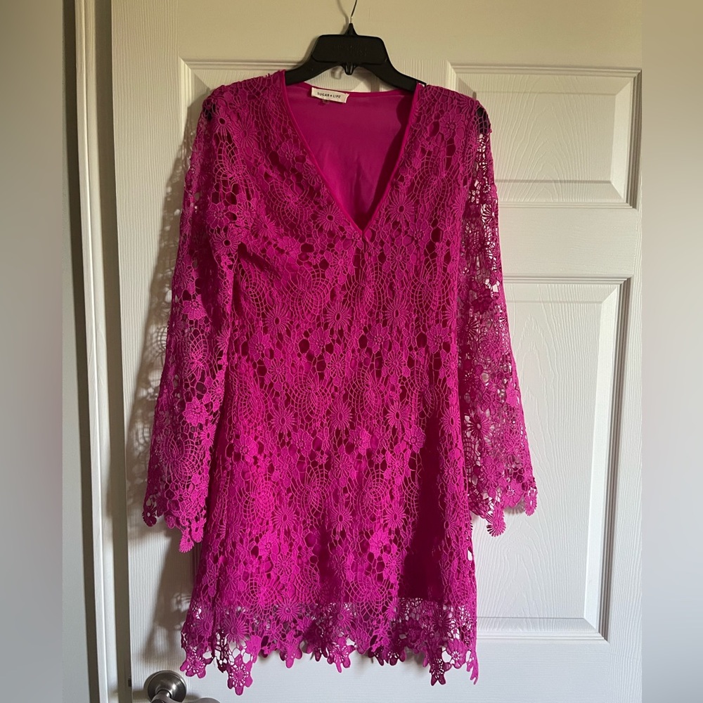 Sugarlips hot pink lace long sleeve  dress